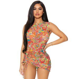 Mesh Coverup Mini Dress with Drawstring Side